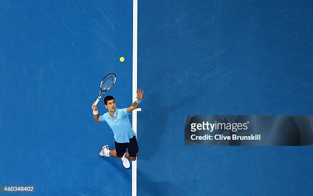 Novak Djokovic of the UAE Royals serves against Jo-Wilfried Tsonga of the Manila Mavericks during the Coca-Cola International Premier Tennis League...