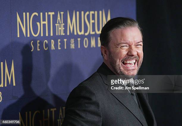 Actor Ricky Gervais attends the Night At The Museum: Secret Of The Tomb" New York premiere at the Ziegfeld Theater on December 11, 2014 in New York...