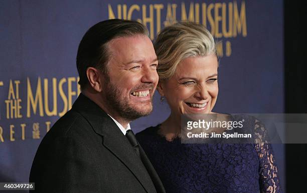 Actor Ricky Gervais and Jane Fallon attend the Night At The Museum: Secret Of The Tomb" New York premiere at the Ziegfeld Theater on December 11,...