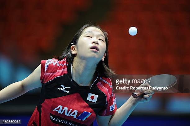 Miyu Maeda of Japan in action during U21 Women's singles semi final of the 2014 ITTF World Tour Grand Finals at Huamark Indoor Stadium on December...