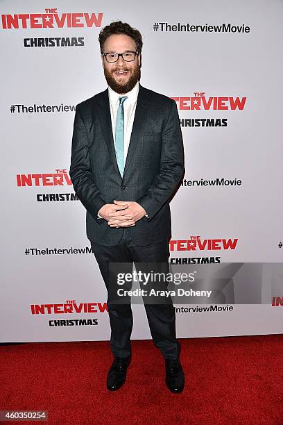 Seth Rogen arrives at the Los Angeles premiere of 'The Interview' held at The Theatre at Ace Hotel Downtown LA on December 11, 2014 in Los Angeles,...