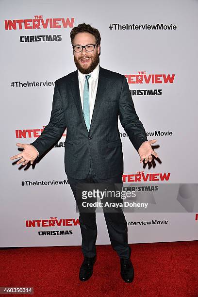 Seth Rogen arrives at the Los Angeles premiere of 'The Interview' held at The Theatre at Ace Hotel Downtown LA on December 11, 2014 in Los Angeles,...