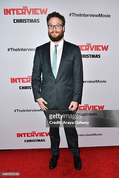 Seth Rogen arrives at the Los Angeles premiere of 'The Interview' held at The Theatre at Ace Hotel Downtown LA on December 11, 2014 in Los Angeles,...