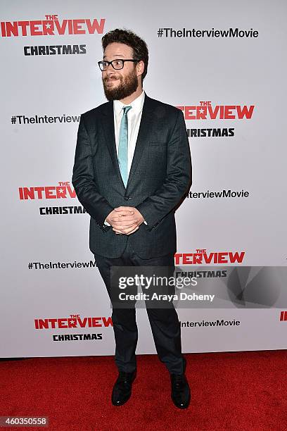 Seth Rogen arrives at the Los Angeles premiere of 'The Interview' held at The Theatre at Ace Hotel Downtown LA on December 11, 2014 in Los Angeles,...