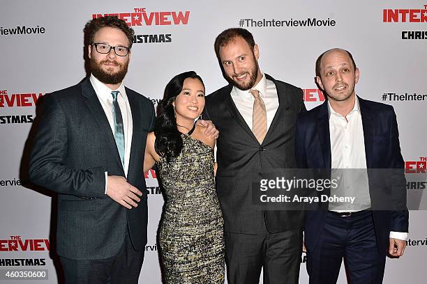 Seth Rogen, Diana Bang, Evan Goldberg and Dan Sterling arrive at the Los Angeles premiere of 'The Interview' held at The Theatre at Ace Hotel...