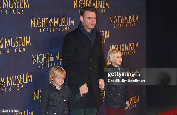 Actor Liev Schreiber and sons attend the Night At The Museum: Secret Of The Tomb" New York premiere at the Ziegfeld Theater on December 11, 2014 in...