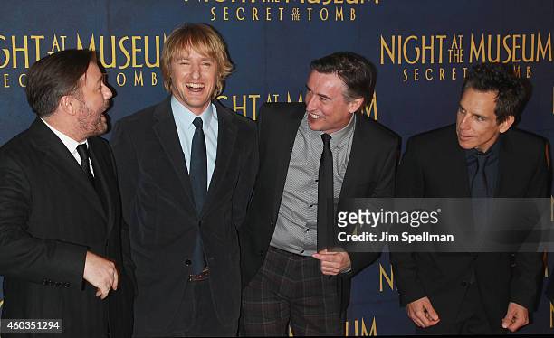 Actors Ricky Gervais, Owen Wilson, Steve Coogan and Ben Stiller attend the Night At The Museum: Secret Of The Tomb" New York premiere at the Ziegfeld...