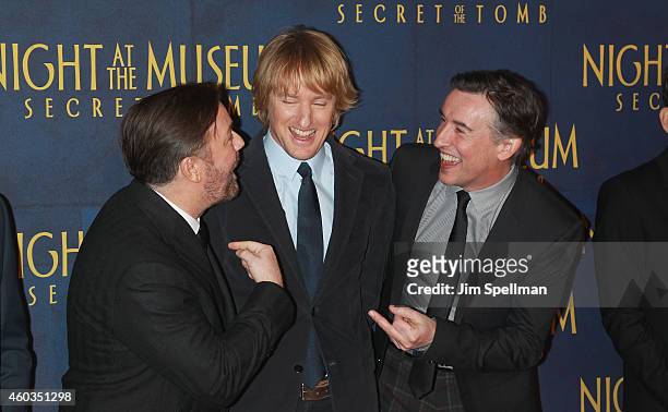 Actors Ricky Gervais, Owen Wilson and Steve Coogan attend the Night At The Museum: Secret Of The Tomb" New York premiere at the Ziegfeld Theater on...