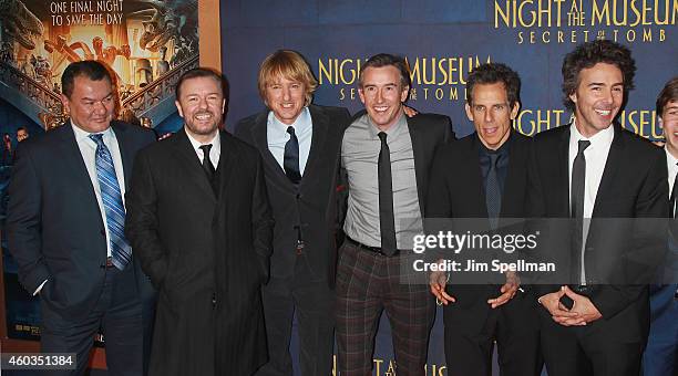 Actors Patrick Gallagher, Ricky Gervais, Owen Wilson, Steve Coogan, Ben Stiller and director Shawn Levy attend the Night At The Museum: Secret Of The...