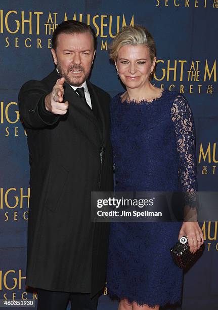 Actor Ricky Gervais and Jane Fallon attend the Night At The Museum: Secret Of The Tomb" New York premiere at the Ziegfeld Theater on December 11,...