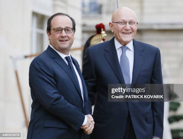 French President Francois Hollande welcomes Lebanese Prime Minister Tammam Salam at the Elysee Palace in Paris, on December 12, 2014. AFP PHOTO /...