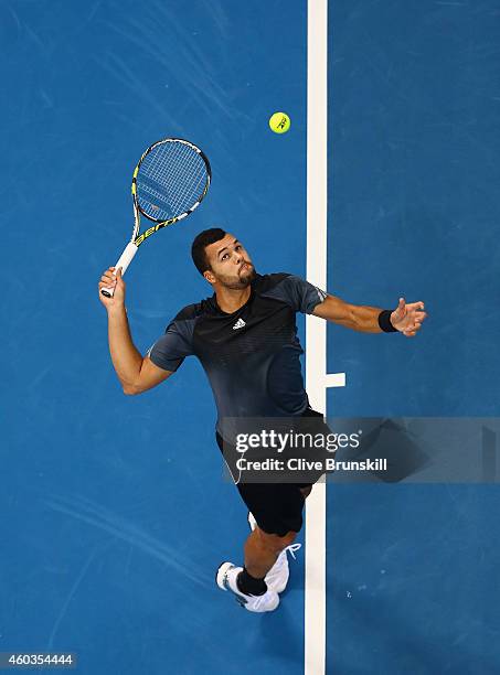 Jo-Wilfried Tsonga of the Manila Mavericks serves against Novak Djokovic of the UAE Royals during the Coca-Cola International Premier Tennis League...