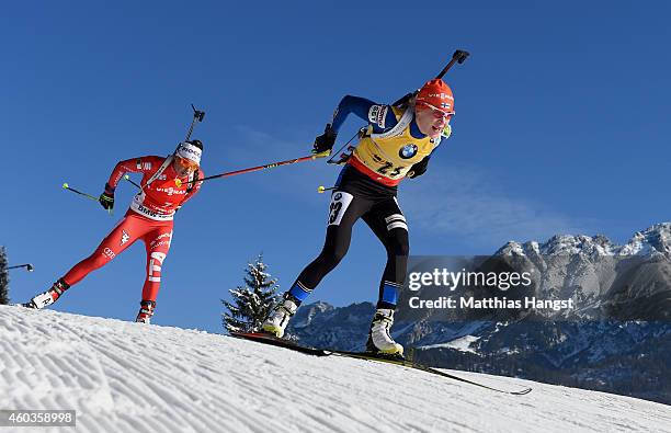 Kaisa Makarainen of Finland competes during the women's 7,5 km sprint event during the IBU Biathlon World Cup on December 12, 2014 in Hochfilzen,...