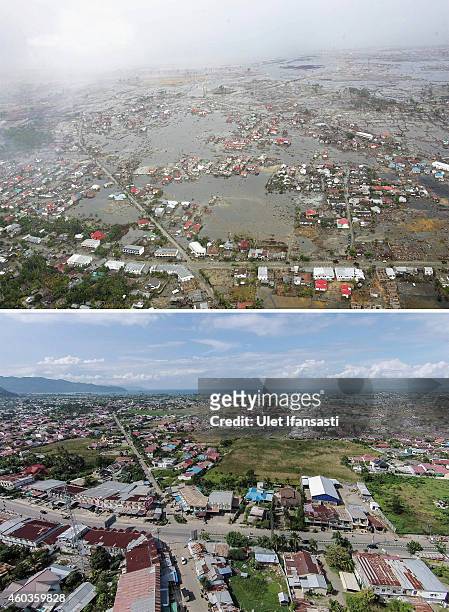 In this composite image a comparison has been made between a scene in 2004 and 2014 BANDA ACEH, INDONESIA An aerial view of houses prior to the ten...