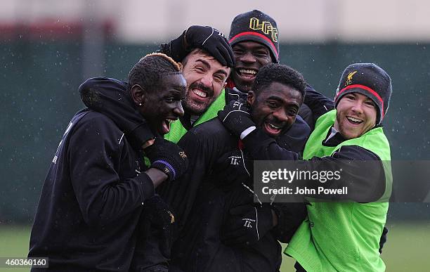 Mamadou Sakho, Jose Enrique, Kolo Toure, Mario Balotelli and Alberto Moreno of Liverpool during a training session at Melwood Training Ground on...