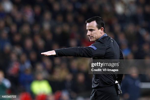 Referee Istvan Vad during the UEFA Europa League group match between PSV Eindhoven and Dinamo Moscow on December 11, 2014 at the Phillips stadium in...