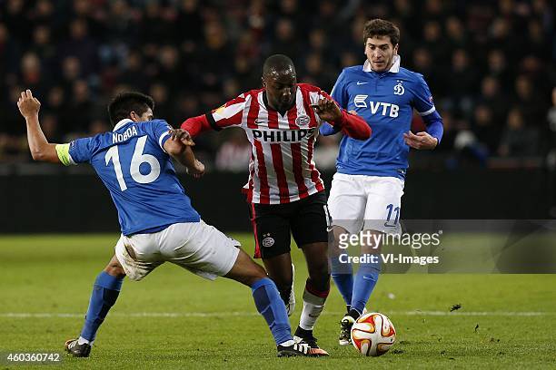 , Christian Noboa of Dinamo Moscow, Jetro Willems of PSV, Aleksei Ionov of Dinamo Moscow during the UEFA Europa League group match between PSV...