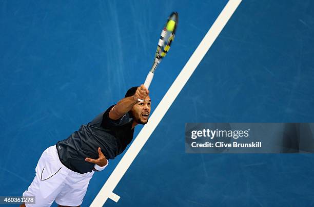 Jo-Wilfried Tsonga of the Manila Mavericks serves against Gael Monfils of the Indian Aces during the Coca-Cola International Premier Tennis League...