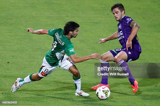 Zenon Caravella of the Jets controls the ball during the round 11 A-League match between Perth Glory and Newcastle Jets at nib Stadium on December...