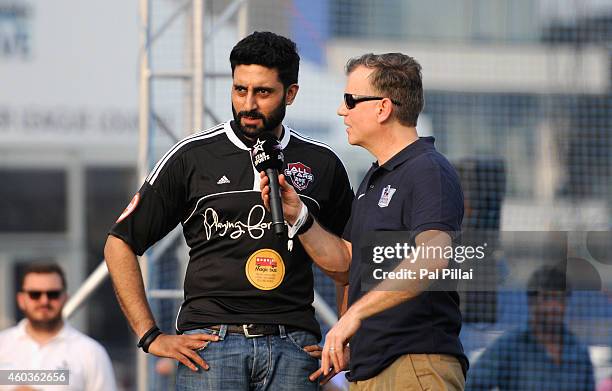 Abhishek Bachchan, Bollywood actor speaks to John Dykes, comparer during the half time of an exhibition match played between BPL legends and All star...