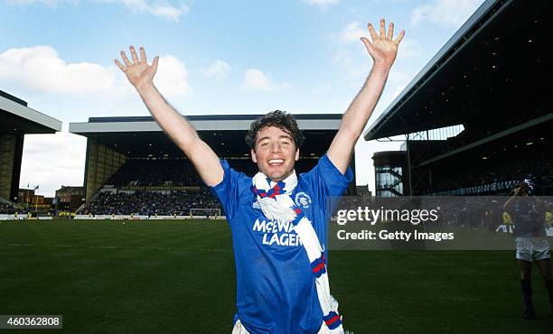 Rangers player Ally McCoist celebrates after Rangers had beaten St Mirren 4-0, to claim the 1991/92 Scottish Premier Divison title at Ibrox on April...