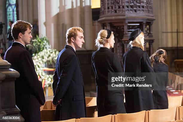 Prince Amadeo, Prince Joachim, Princess Maria Laura, Princess Elisabetta Maria and Princess Louisa Maria of Belgium attend the funeral of Queen...