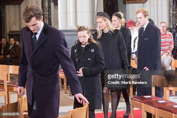Prince Amadeo, Princess Louisa Maria, Princess Elisabette Maria, Princess Maria Laura of Belgium and Prince Joachim attend the funeral of Queen...