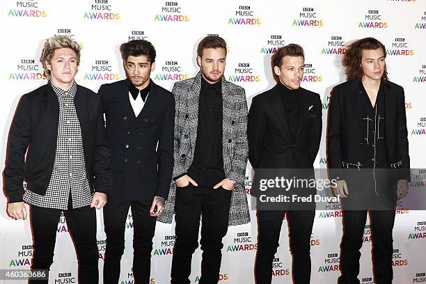 Niall Horan, Zayn Malik, Liam Payne, Louis Tomlinson and Harry Styles of One Direction attend the BBC Music Awards at Earl's Court Exhibition Centre...