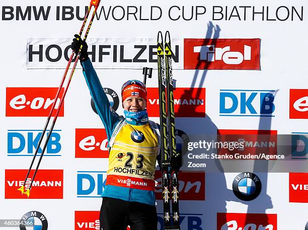 Kaisa Makarainen of Finland takes 1st place during the IBU Biathlon World Cup Men's and Women's Sprint on December 12, 2014 in Hochfilzen, Austria.