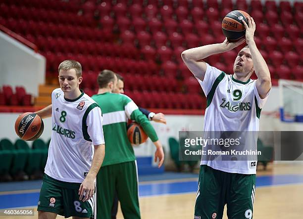 Vaidas Kariniauskas, #8 and Darius Songaila, #9 of Zalgiris Kaunas warm up before the 2014-2015 Turkish Airlines Euroleague Basketball Regular Season...