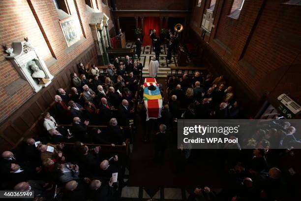 Ronnie Biggs's coffin arrives during the funeral for the 'Great Train Robber' Ronnie Biggs at Golders Green Crematorium on January 3, 2014 in London,...
