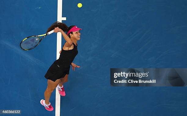 Ana Ivanovic of the Indian Aces serves against Kirsten Flipkens of the Manila Mavericks during the Coca-Cola International Premier Tennis League...