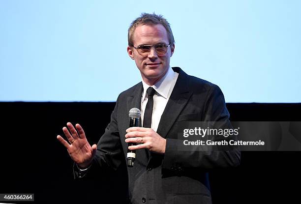 Writer and director Paul Bettany speaks on stage ahead of the "Shelter" screening during day three of the 11th Annual Dubai International Film...