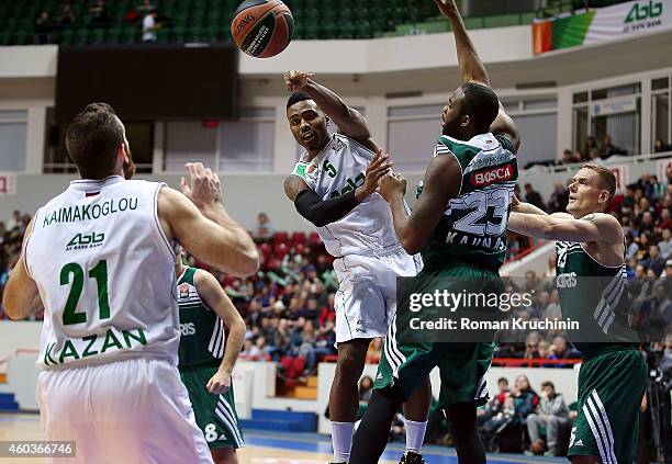 Keith Langford, #5, Kostas Kaimakoglou, #21 of Unics Kazan competes with James Anderson, #23, Robertas Javtokas, #15 of Zalgiris Kaunas in action...