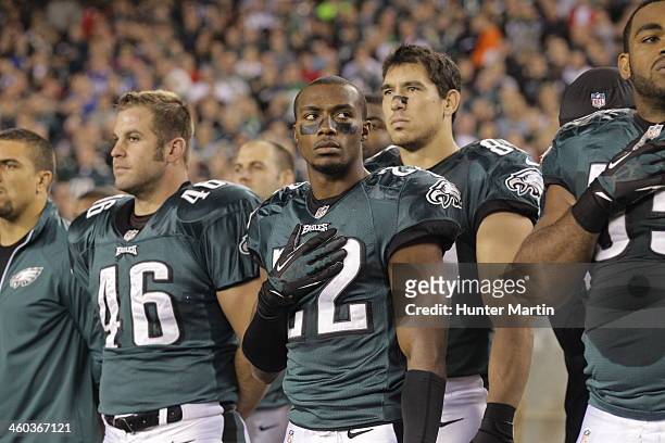 Brandon Boykin of the Philadelphia Eagles stands during the National Anthem before a game against the Chicago Bears on December 22, 2013 at Lincoln...