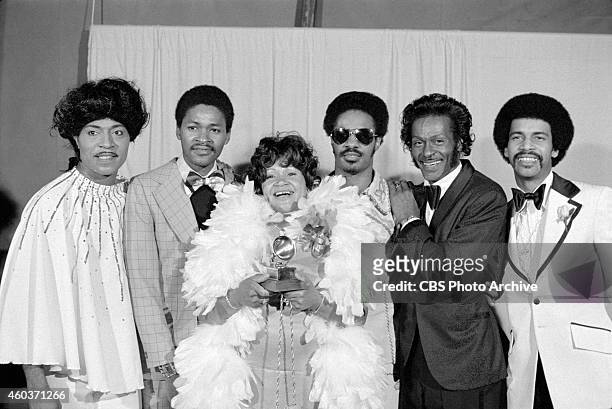 From left: Little Richard, Stevie Wonder's brother, Lula Mae Hardaway , Stevie Wonder, Chuck Berry and unidentified at the 16th Annual Grammy Awards....