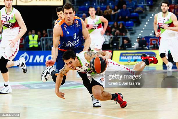 Mike James, #3 of Laboral Kutxa Vitoria competes with Nemanja Nedovic, #8 of Valencia Basket during the 2014-2015 Turkish Airlines Euroleague...