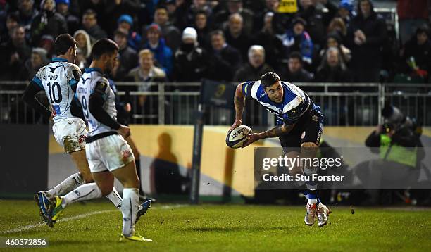 Bath wing Matt Banahan runs in his second try during the European Rugby Champions Cup pool match between Bath Rugby and Montpellier at Recreation...