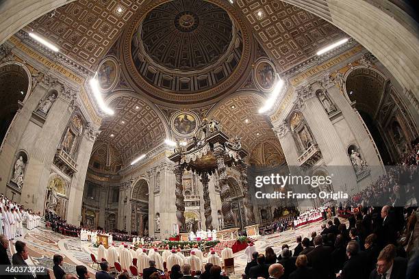 Pope Francis attends an Eucharist celebration on the feast of Our Lady of Guadalupe at the St. Peter's Basilica on December 12, 2014 in Vatican City,...