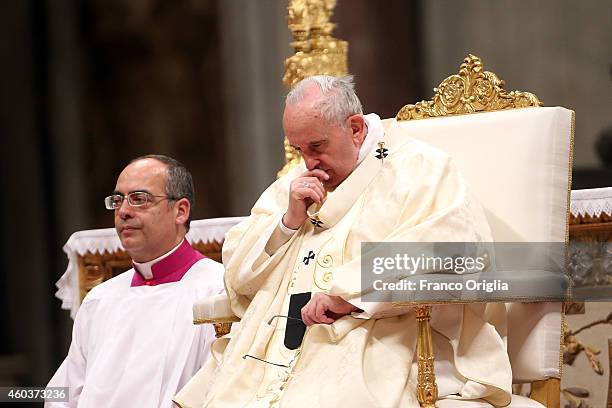 Pope Francis attends an Eucharist celebration on the feast of Our Lady of Guadalupe at the St. Peter's Basilica on December 12, 2014 in Vatican City,...