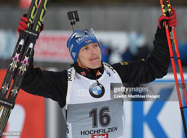 Andreas Birnbacher of Germany celebrates after the men's 10 km sprint event during the IBU Biathlon World Cup on December 12, 2014 in Hochfilzen,...