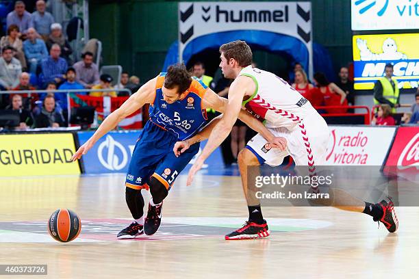 Pau Ribas, #5 of Valencia Basket competes with Fabien Causeur, #5 of Laboral Kutxa Vitoria during the 2014-2015 Turkish Airlines Euroleague...