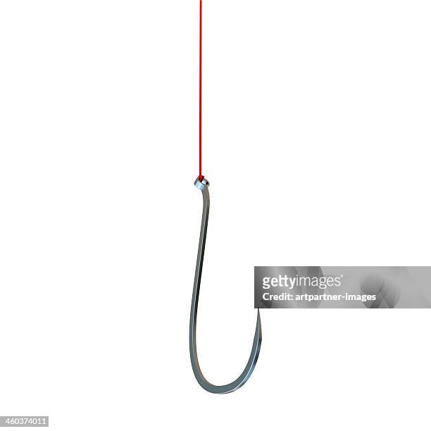 fishing hook on a red cord on white - amo foto e immagini stock