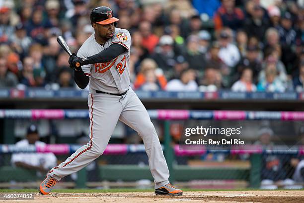 Delmon Young of the Baltimore Orioles bats during Game 3 of the ALDS against the Detroit Tigers at Comerica Park on October 5, 2014 in Detroit,...