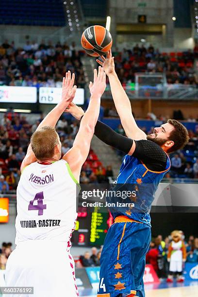 Bojan Dubljevic, #14 of Valencia Basket in action during the 2014-2015 Turkish Airlines Euroleague Basketball Regular Season Date 9 game between...