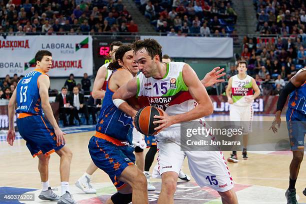 Mirza Begic, #15 of Laboral Kutxa Vitoria competes with Kresimir Loncar, #25 of Valencia Basket during the 2014-2015 Turkish Airlines Euroleague...