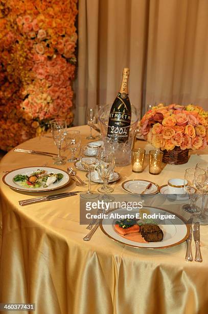 The table setting for the 2014 Golden Globe Award Show at the 71st Golden Globe Awards Show Menu Unveiling at The Beverly Hilton Hotel on January 3,...