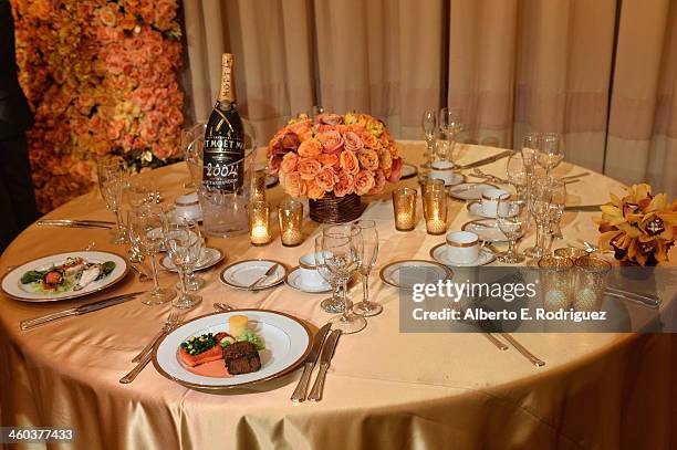 The table setting for the 2014 Golden Globe Award Show at the 71st Golden Globe Awards Show Menu Unveiling at The Beverly Hilton Hotel on January 3,...