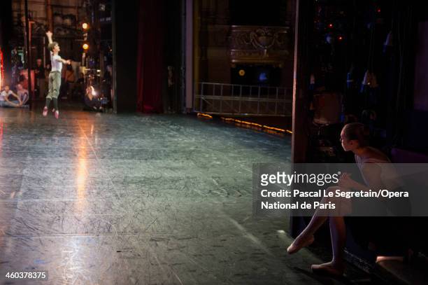 Young dancer of the Opera Ballet Shcool performs on stage during a rehersal for the 'Generale' performance at Opera Garnier on April 13, 2013 in...