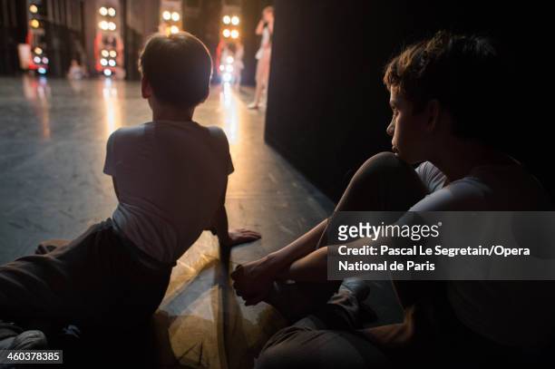 Opera Ballet school Pupils are seen backstage during a rehersal for the Generale Perfomance at Opera Garnier on April 13, 2013 in Paris, France. The...